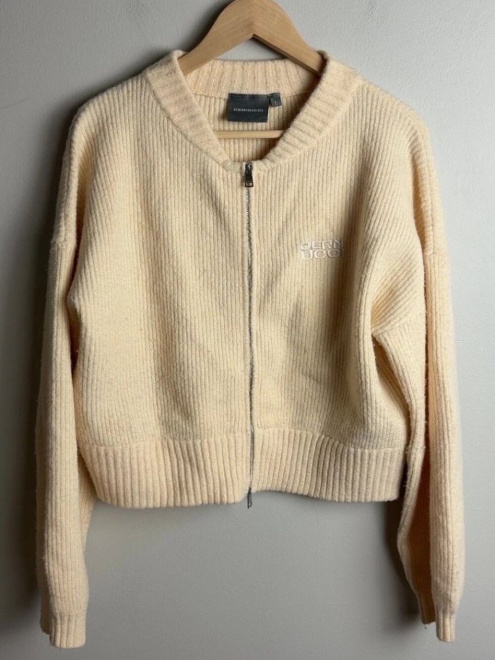 Cernucci Ribbed Knit Full Zip Sweater Cardigan Cream Size Large Men’s